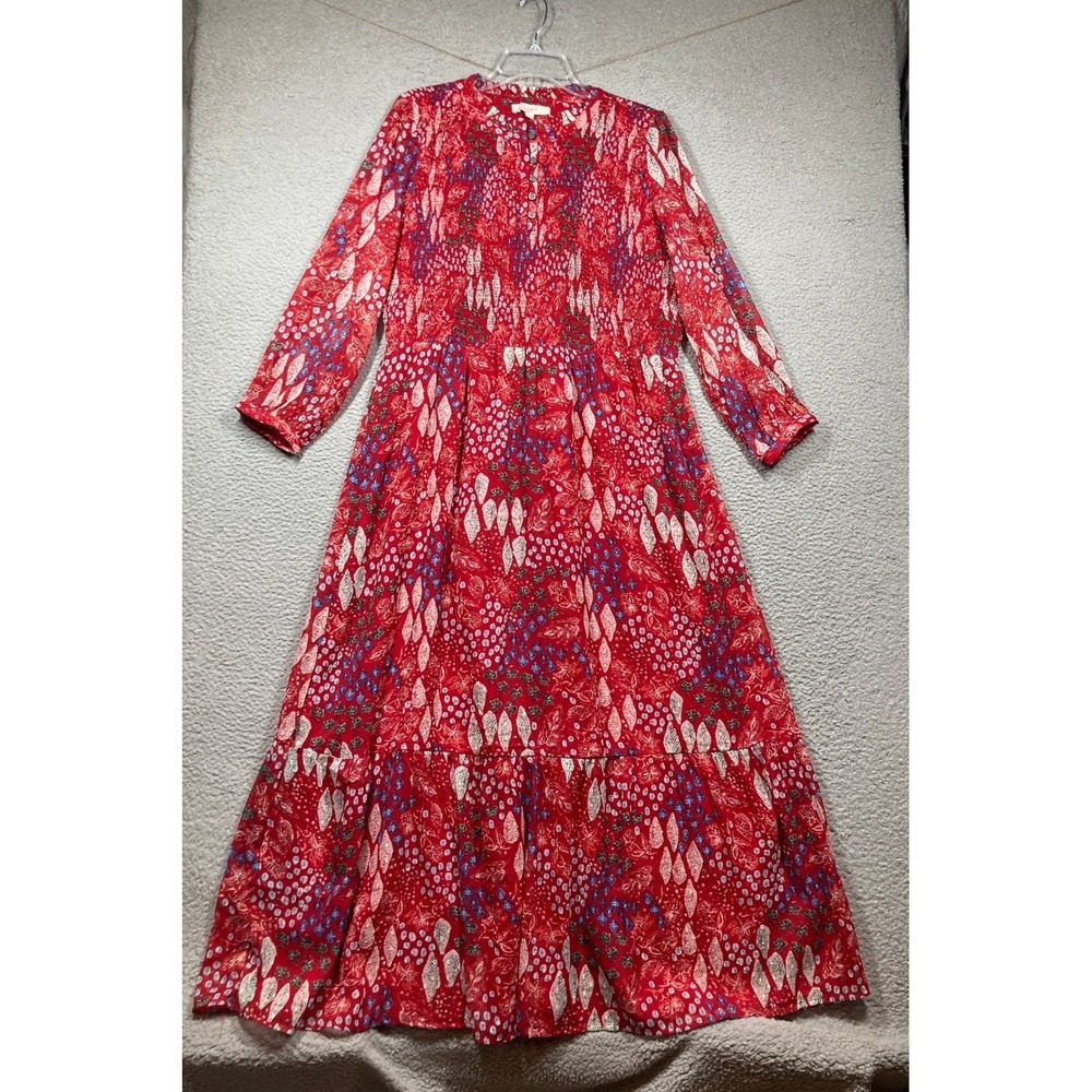 LOFT Red Floral Smocked Tiered Maxi Dress Womens 14 Long Sleeve‎ Boho Resort